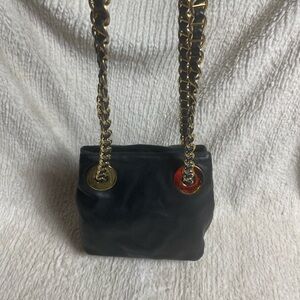 L.J.S.Vintage  Black Leather double gold tone Chain Strap crossbody bag.